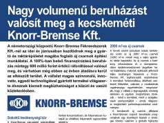 Nagy volumenű beruházást valósít meg a kecskeméti Knorr-Bremse Kft.
