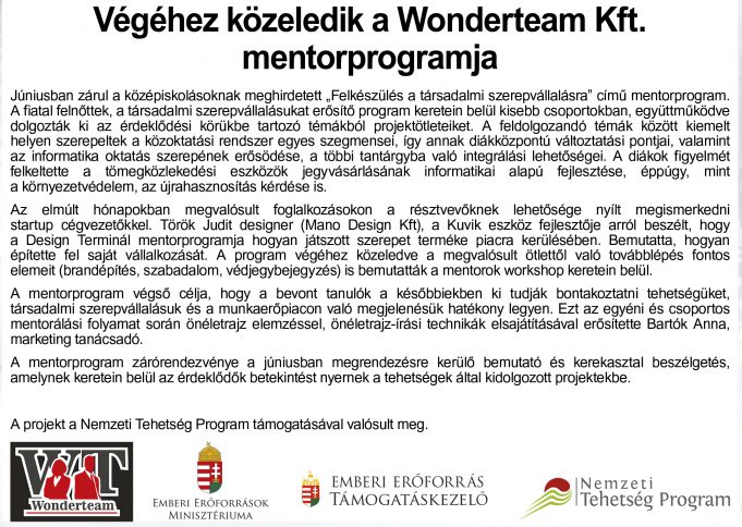 Végéhez közeledik a Wonderteam Kft. mentorprogramja