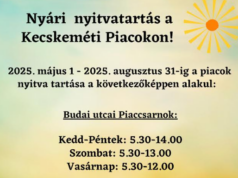 A Kecskeméti Piac mellékelve küldi megjelentetésre a piacai: Szent László körúti vásártéri zöldség-gyümölcs piac -Budai utcai piacnyári nyitvatartását.